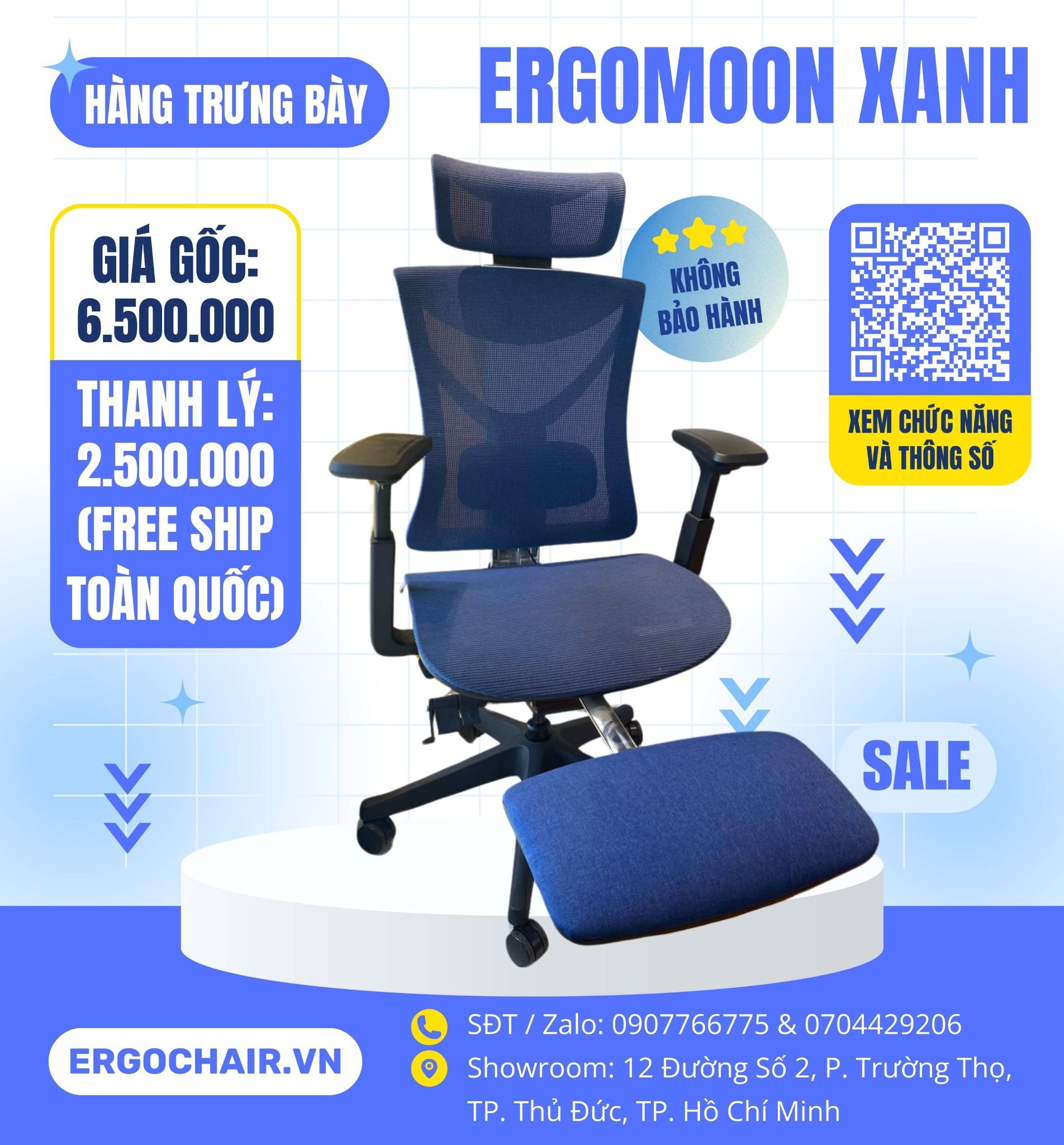  [SOLD - Hàng trưng bày thanh lý] Ghế công thái học ErgoMoon Ergonomic Chair màu Xanh 