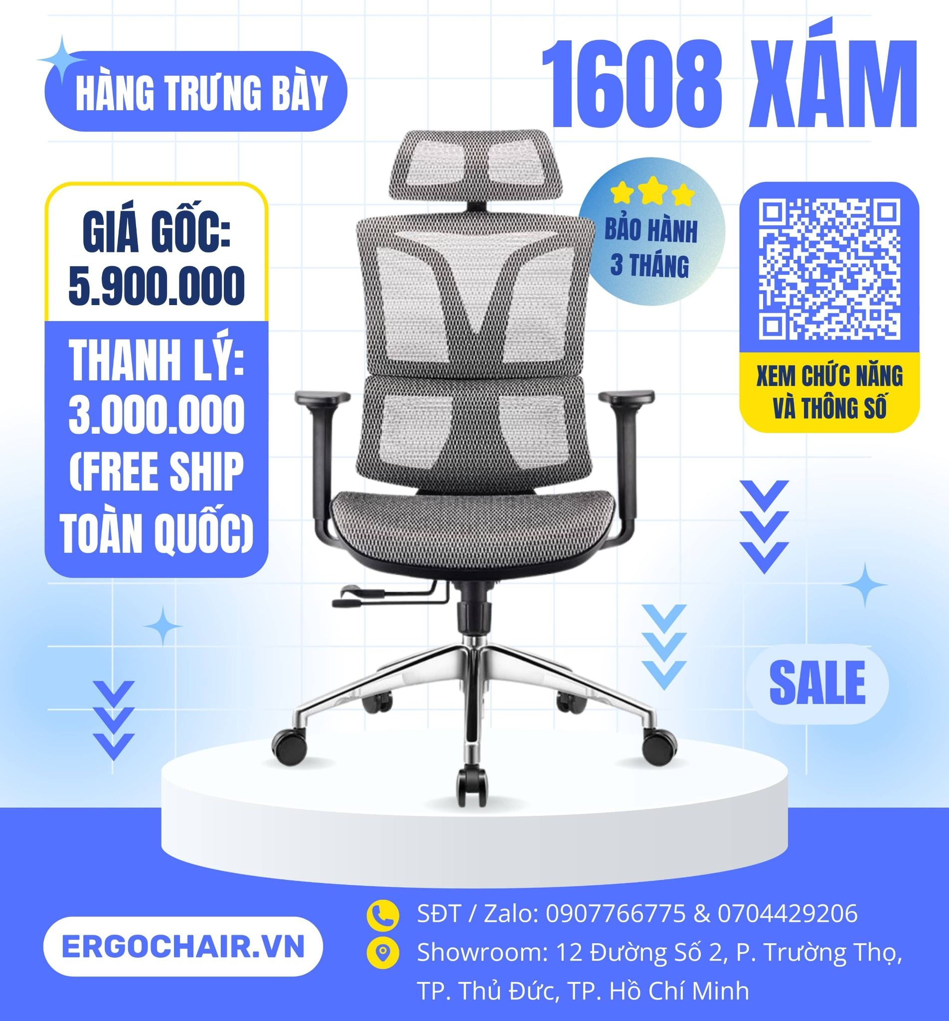  [SOLD - Hàng trưng bày thanh lý] Ghế Công Thái Học Ergonomic 1608 Xám 