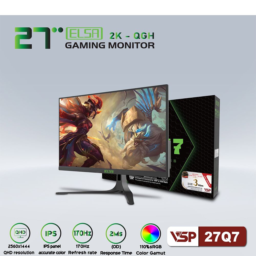 Màn Hình ELSA 27inch 2K IPS Tràn Viền 170HZ GAMING 27Q7 - BLACK