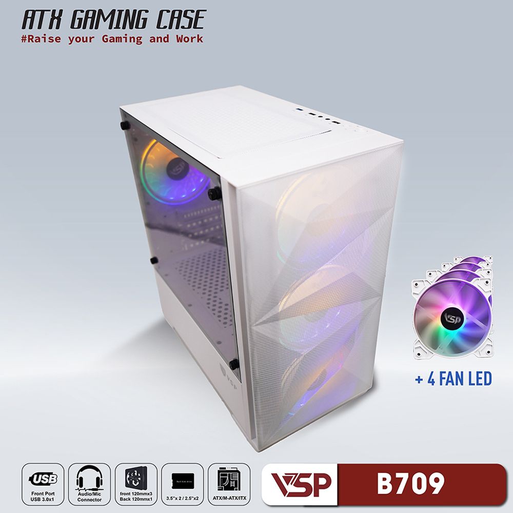 VỎ CASE VSP GAMING B709 White ( Có Sẵn FAN LED RGB )