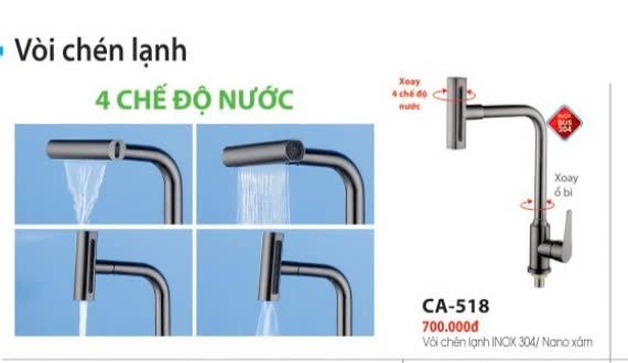 ca518 vòi chén lạnh 4 chế độ xả inox nano xám( đã giảm)ksk