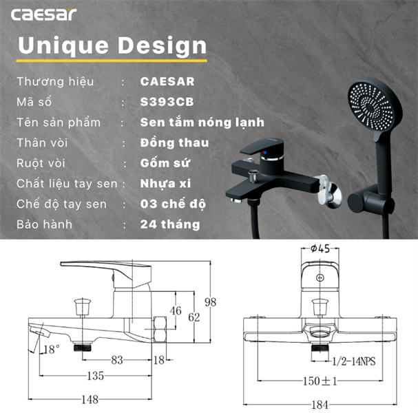 Củ sen Caesar NL S393CB - đen ( tay sen xi, 3 chế độ )