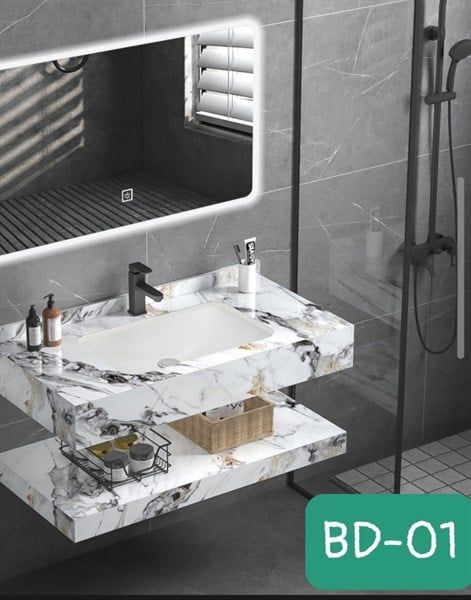 tủ lavabo đá 2 tầng vân đá trắng, gương led 80x50cm