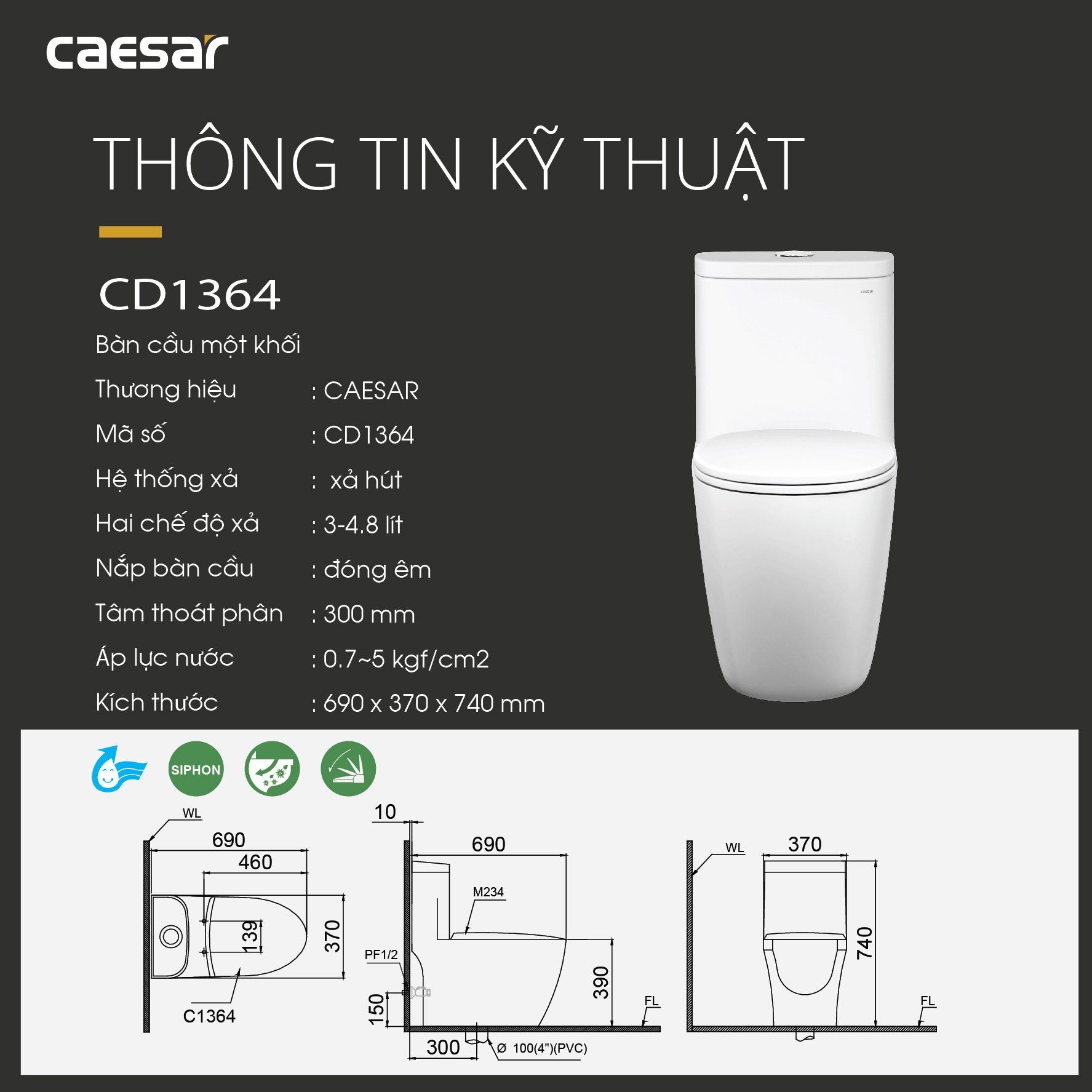  Bàn cầu một khối CD1364 