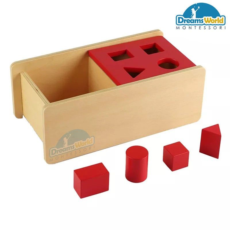 Giáo Cụ Montessori - Hộp trượt 4 hình cơ bản - nắp đỏ lật qua lật lại hai bên - Imbucare Box With Flip Lid - 4 Shapes