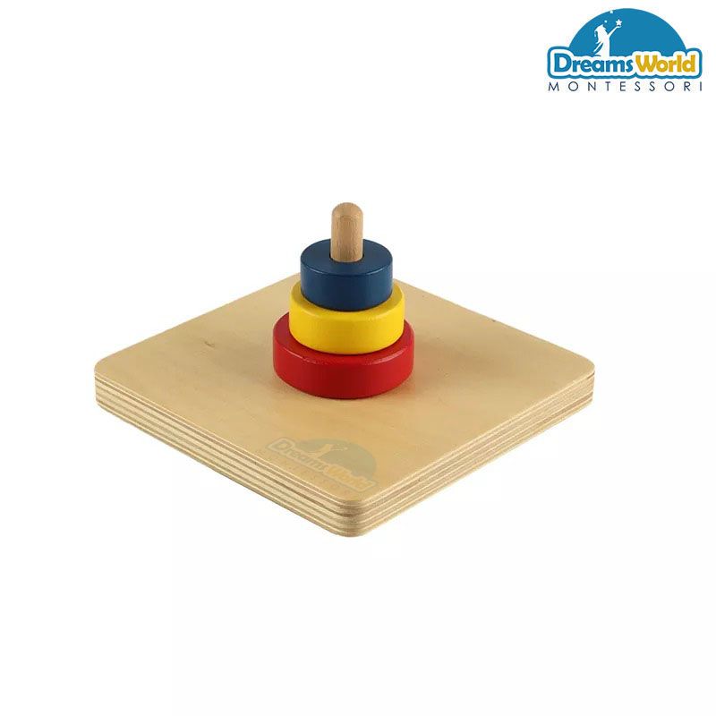 Giáo Cụ Montessori - Xếp ba đĩa từ lớn đến nhỏ trên 1 trục - Three Discs on a vertical Dowel-beech basic