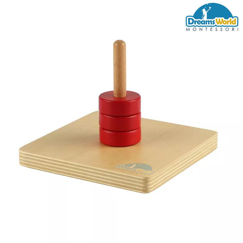 Giáo Cụ Montessori - Các đĩa tròn màu đỏ nằm trên trục thẳng đứng - Discs on Vertical Dowel-beech basic
