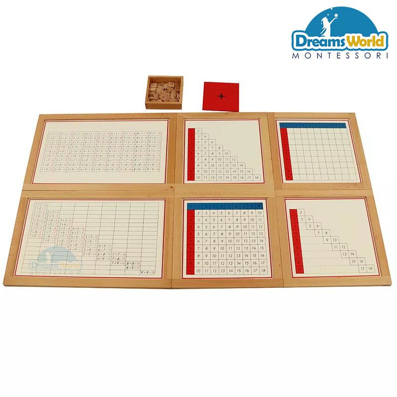 Giáo Cụ Montessori - Hộp học phép tính cộng có thẻ điều khiển và bảng - Addition Working Charts with frame