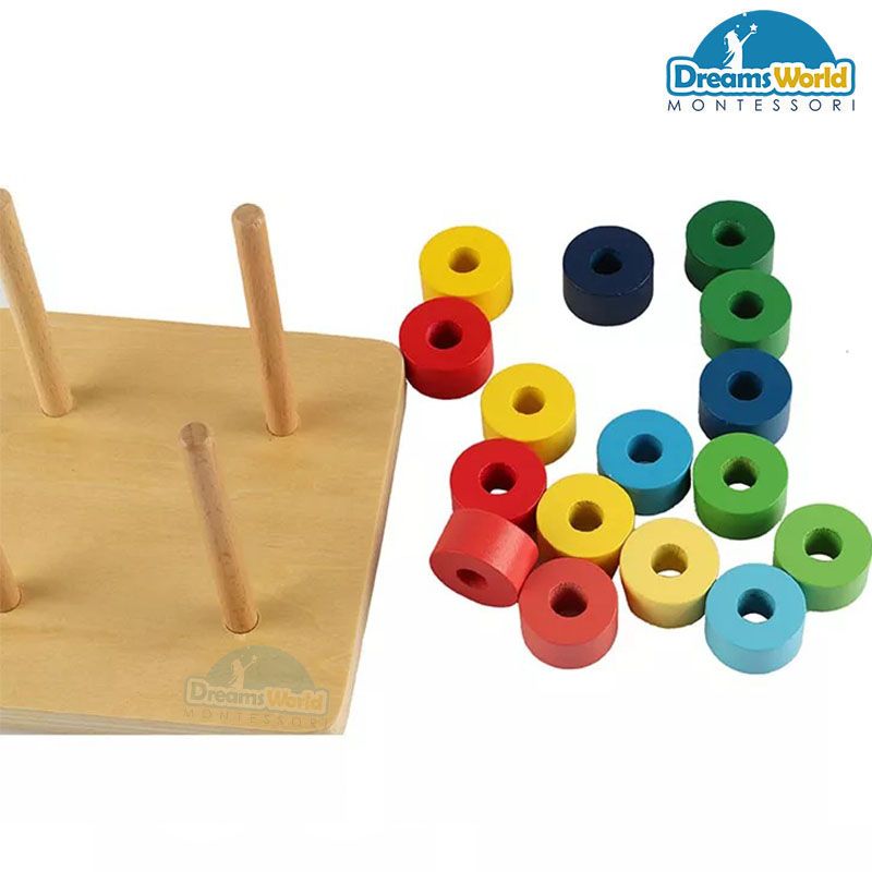 Giáo Cụ Montessori - Xếp vòng màu đậm/ nhạt dần vào cột thẳng đứng - Rainbow Discs on 4 Vertical Dowels