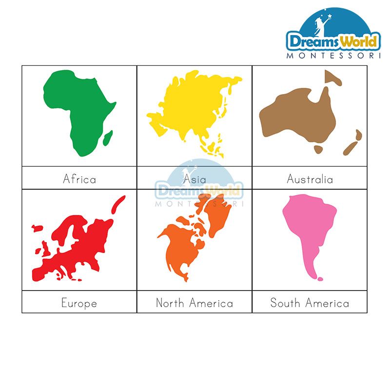 Giáo Cụ Montessori - Thẻ 3 phần lục địa - Continent 3 part card