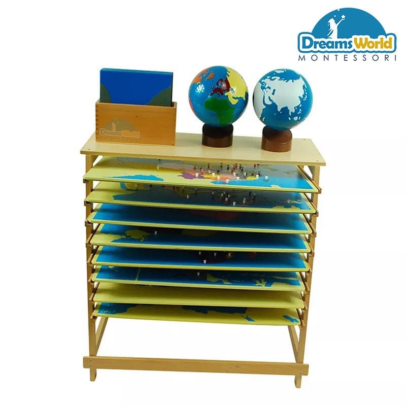 Giáo Cụ Montessori - Kệ đựng 8 bản đồ các châu lục và khu vực - Stand for Puzzle Maps