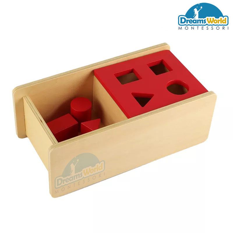 Giáo Cụ Montessori - Hộp trượt 4 hình cơ bản - nắp đỏ lật qua lật lại hai bên - Imbucare Box With Flip Lid - 4 Shapes