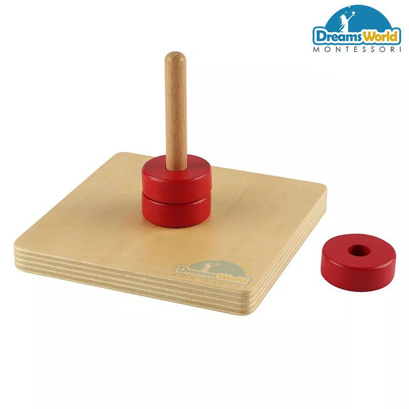 Giáo Cụ Montessori - Các đĩa tròn màu đỏ nằm trên trục thẳng đứng - Discs on Vertical Dowel-beech basic