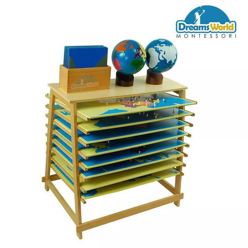 Giáo Cụ Montessori - Kệ đựng 8 bản đồ các châu lục và khu vực - Stand for Puzzle Maps