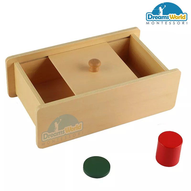 Giáo Cụ Montessori - Hộp gỗ và nắp trượt -nắp gỗ trượt qua trượt lại hai bên - Wooden box with sliding lid