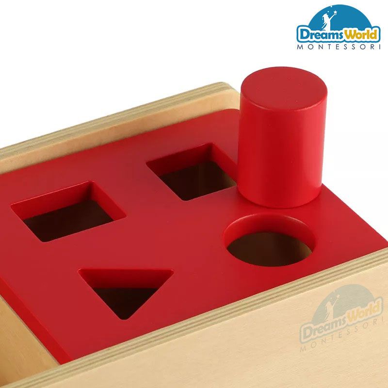 Giáo Cụ Montessori - Hộp trượt 4 hình cơ bản - nắp đỏ lật qua lật lại hai bên - Imbucare Box With Flip Lid - 4 Shapes