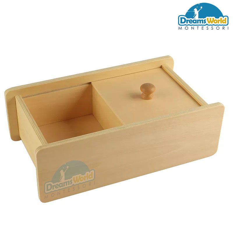 Giáo Cụ Montessori - Hộp gỗ và nắp trượt -nắp gỗ trượt qua trượt lại hai bên - Wooden box with sliding lid