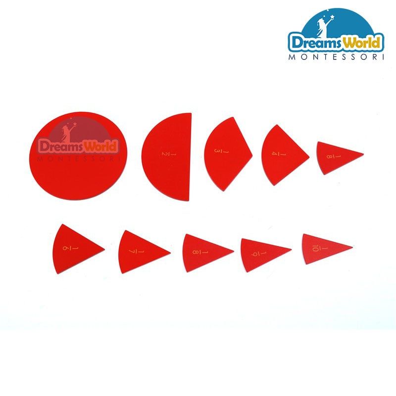Giáo Cụ Montessori - Các hình tròn được cắt thành các phần bằng nhau có gắn nhãn - Cut - Out Fraction Circles:1/1 to 1/10