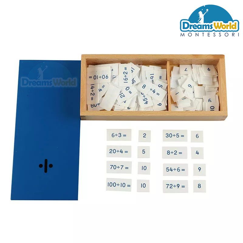 Giáo Cụ Montessori - Hộp phép tính chia với bộ thẻ điều khiển bằng gỗ - PVC Divisions Equations and Dividends Box