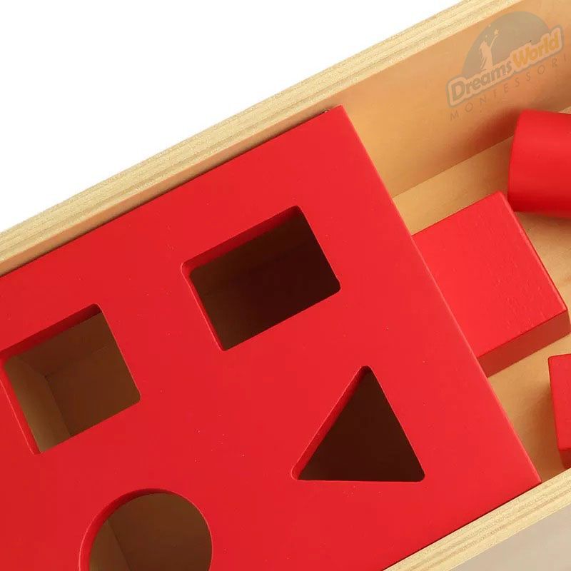 Giáo Cụ Montessori - Hộp trượt 4 hình cơ bản - nắp đỏ lật qua lật lại hai bên - Imbucare Box With Flip Lid - 4 Shapes
