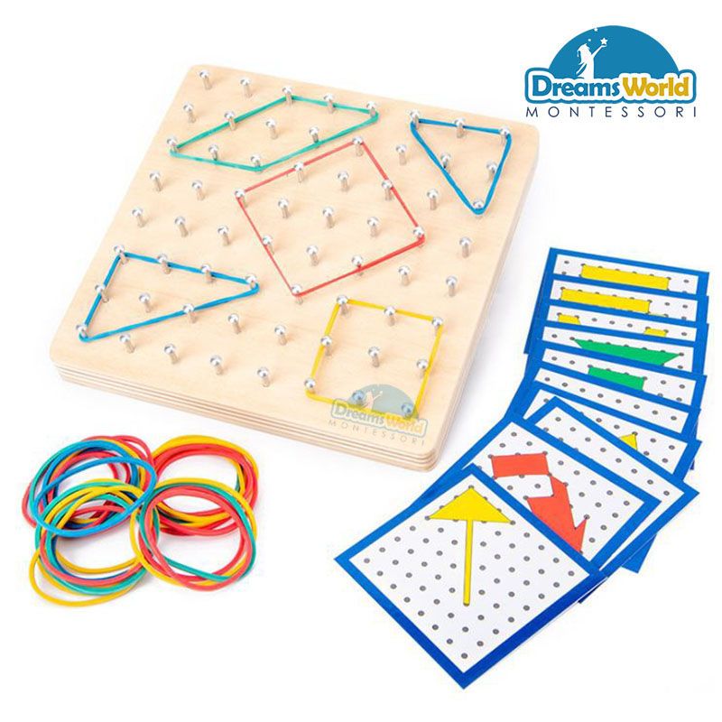 Giáo Cụ Montessori - Bảng dây chun lớn vơi thẻ - Large Geometric Board with cards