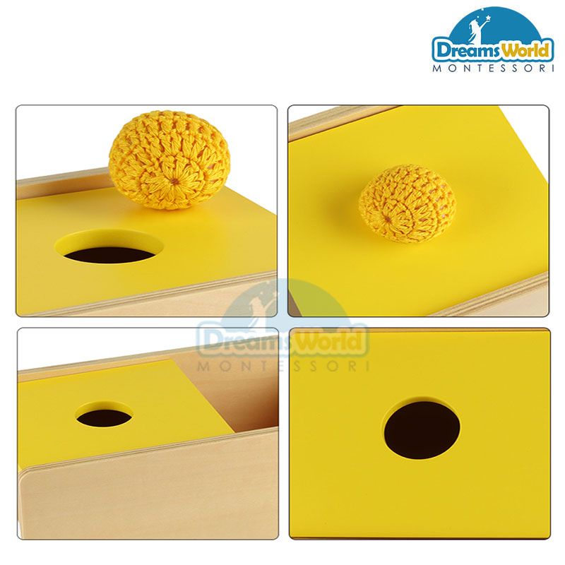 Giáo Cụ Montessori - Hộp trượt và quả bóng len - tấm màu vàng lật qua lật lại hai bên - Imbucare Box With Flip Lid - Knit ball