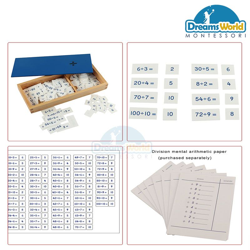 Giáo Cụ Montessori - Hộp phép tính chia với bộ thẻ điều khiển bằng gỗ - PVC Divisions Equations and Dividends Box