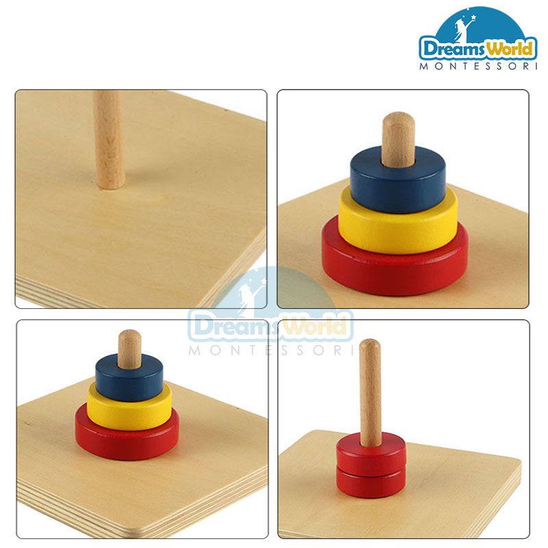 Giáo Cụ Montessori - Xếp ba đĩa từ lớn đến nhỏ trên 1 trục - Three Discs on a vertical Dowel-beech basic