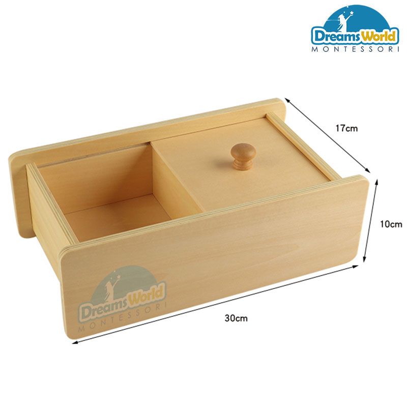 Giáo Cụ Montessori - Hộp gỗ và nắp trượt -nắp gỗ trượt qua trượt lại hai bên - Wooden box with sliding lid