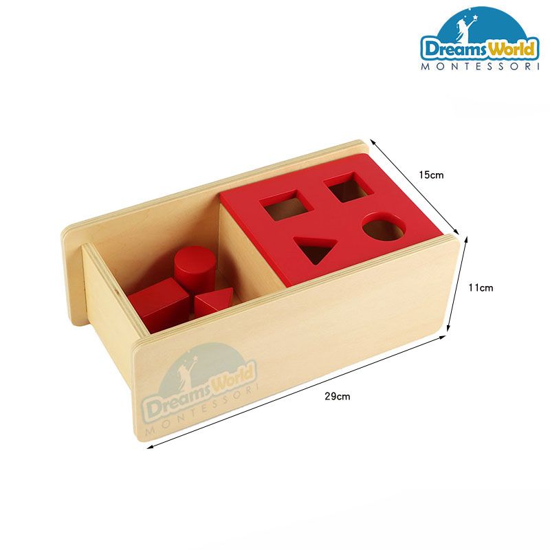 Giáo Cụ Montessori - Hộp trượt 4 hình cơ bản - nắp đỏ lật qua lật lại hai bên - Imbucare Box With Flip Lid - 4 Shapes