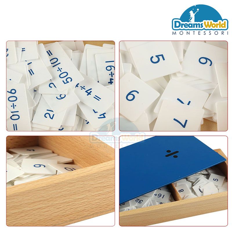 Giáo Cụ Montessori - Hộp phép tính chia với bộ thẻ điều khiển bằng gỗ - PVC Divisions Equations and Dividends Box