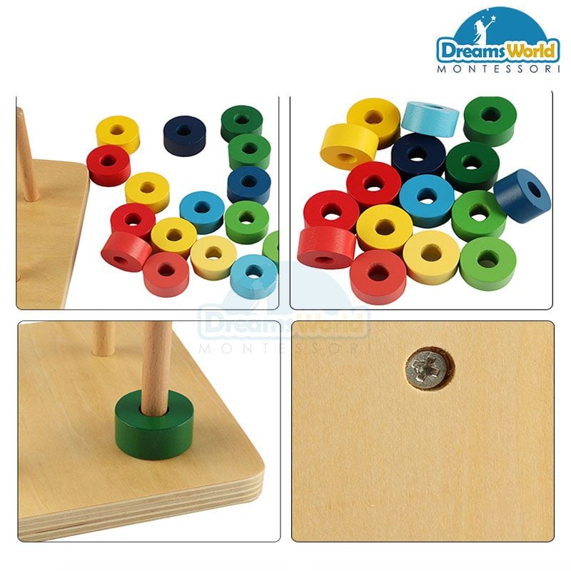 Giáo Cụ Montessori - Xếp vòng màu đậm/ nhạt dần vào cột thẳng đứng - Rainbow Discs on 4 Vertical Dowels