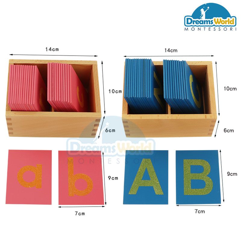 Giáo Cụ Montessori - Chữ viết thường và viết hoa tiếng Anh in nhám - Lower and Capital Case Sandpaper Letters w/ Boxes
