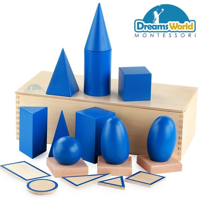 Giáo cụ Montessori - Khối hình học màu xanh các cấp - Geometric Solids with Stand, Bases, and Box