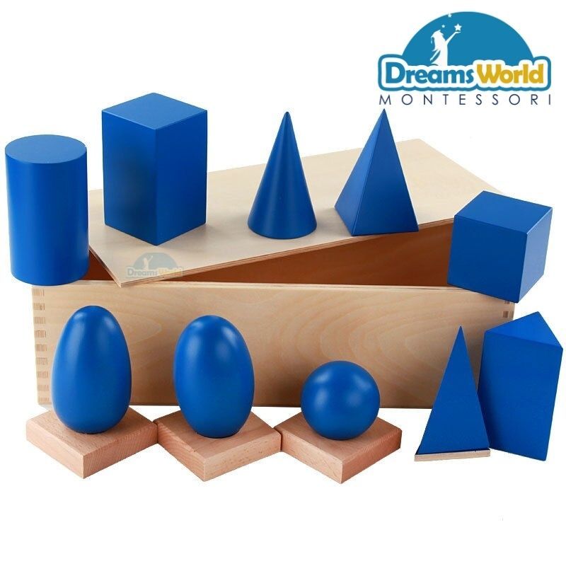 Giáo cụ Montessori - Khối hình học màu xanh các cấp - Geometric Solids with Stand, Bases, and Box