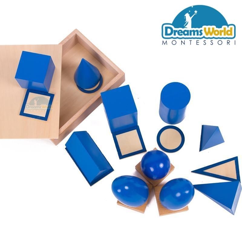 Giáo cụ Montessori - Khối hình học màu xanh các cấp - Geometric Solids with Stand, Bases, and Box