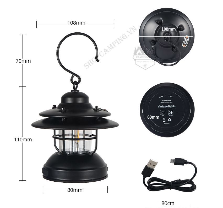 Đèn cổ Vintage Lights pin AA và cổng usb, đèn treo dã ngoại cắm trạ