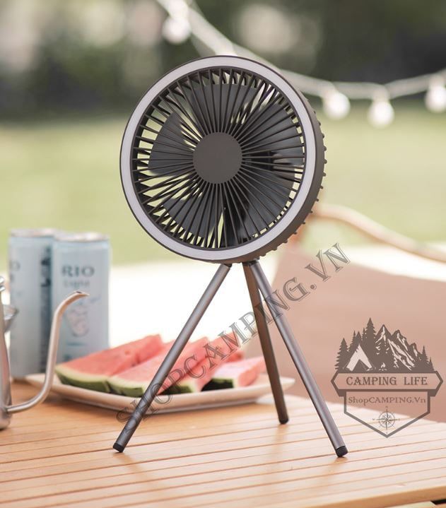 Quạt treo lều, quạt tích điện đa năng có đèn led 3 chân để bàn, hẹn giờ tiện dụng