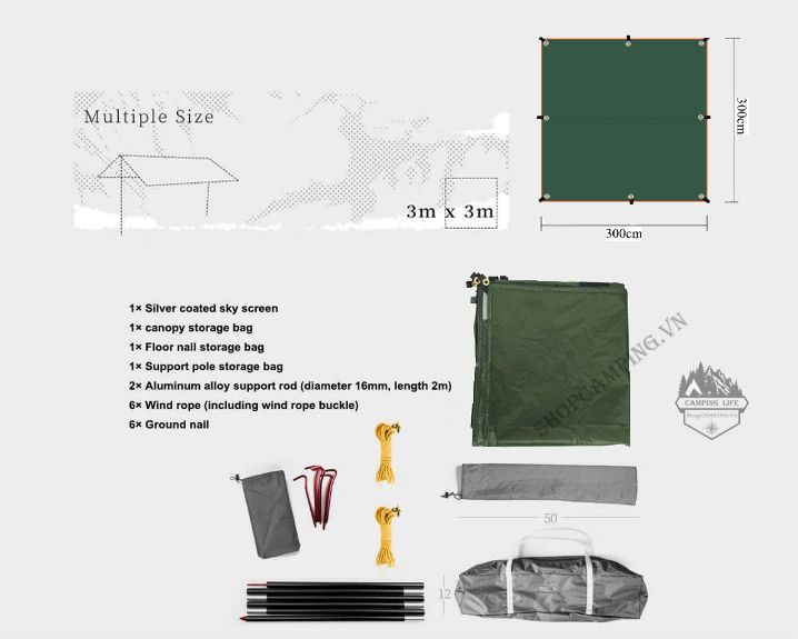 Bộ tăng /tarp bạt che xanh lá, Xanh dương kèm trụ sắt 3x3m/3x4m/3x5m dành cho cắm trại dã ngoại