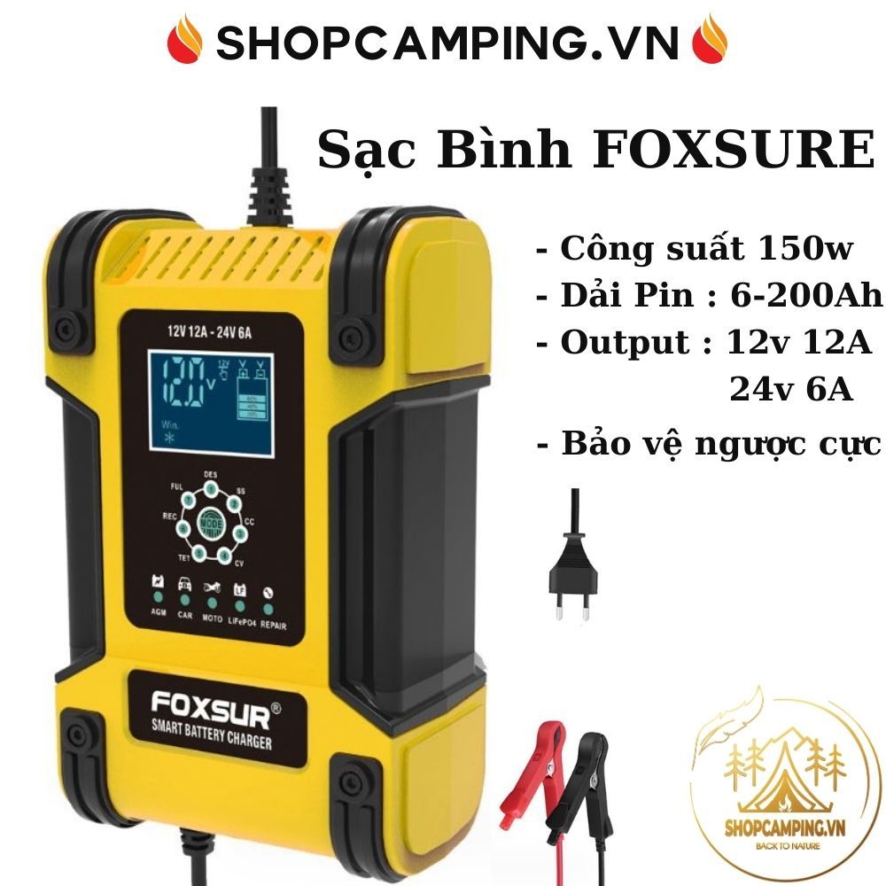 Sạc bình ắc quy 6Ah - 200Ah FOXSUR 12A tự ngắt khi đầy. Phục hồi ắc quy. Khử sunfat chống ngược cực