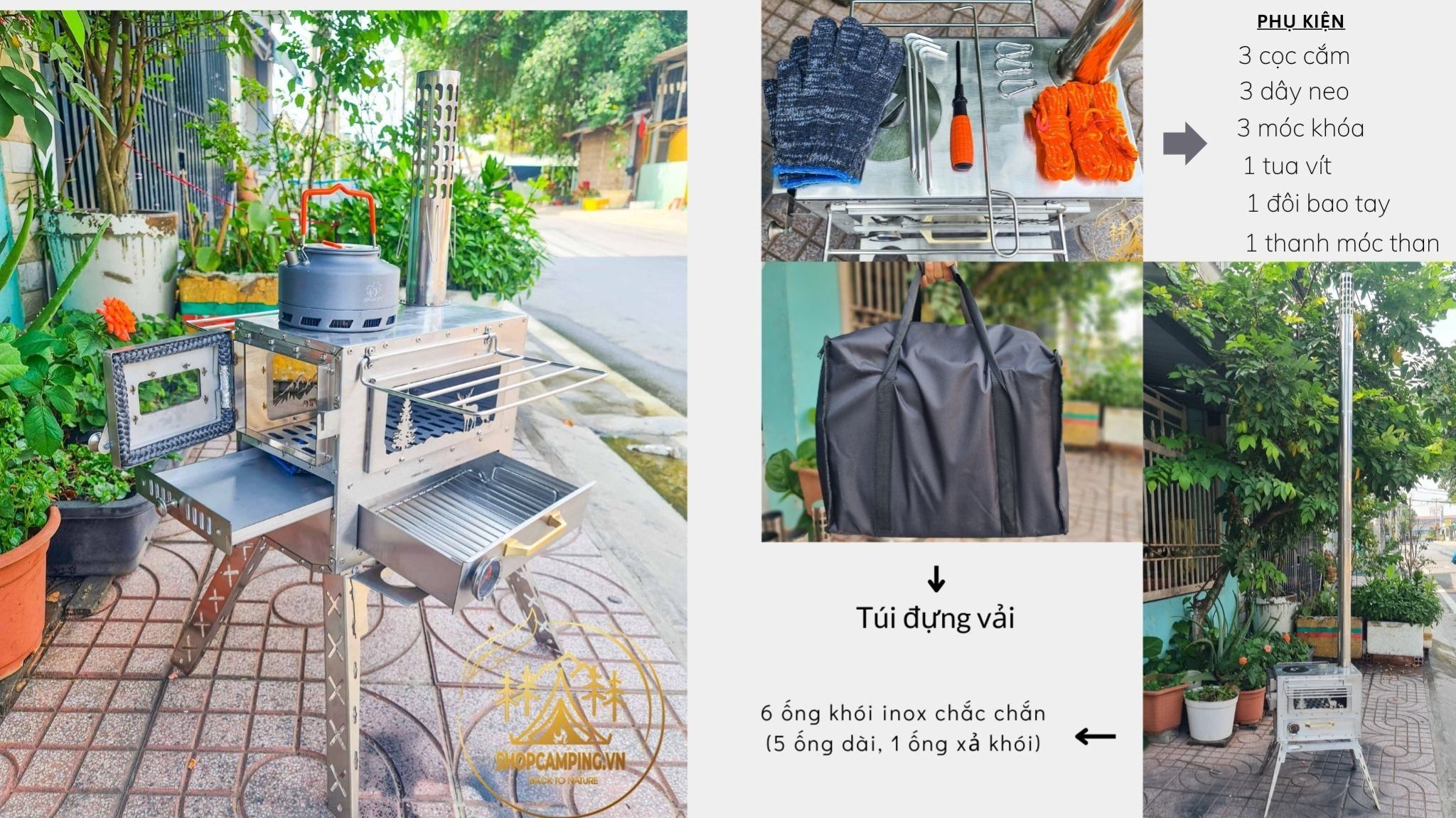 Lò sưởi, bếp sưởi củi Inox 304 có khay nướng dành cho cắm trại dã ngoại