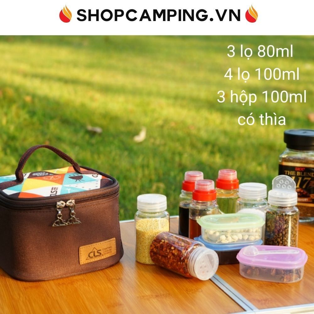 Bộ 10 hộp đựng gia vị CLS, lọ gia vị dã ngoại có túi đi phượt, cắm trại