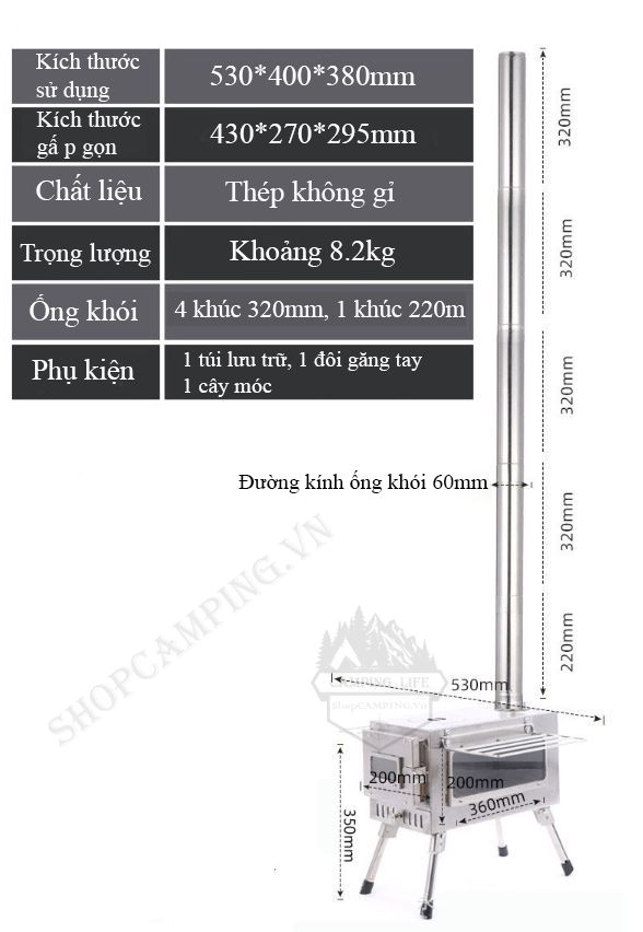 Lò sưởi, bếp sưởi củi Inox dành cho cắm trại dã ngoại
