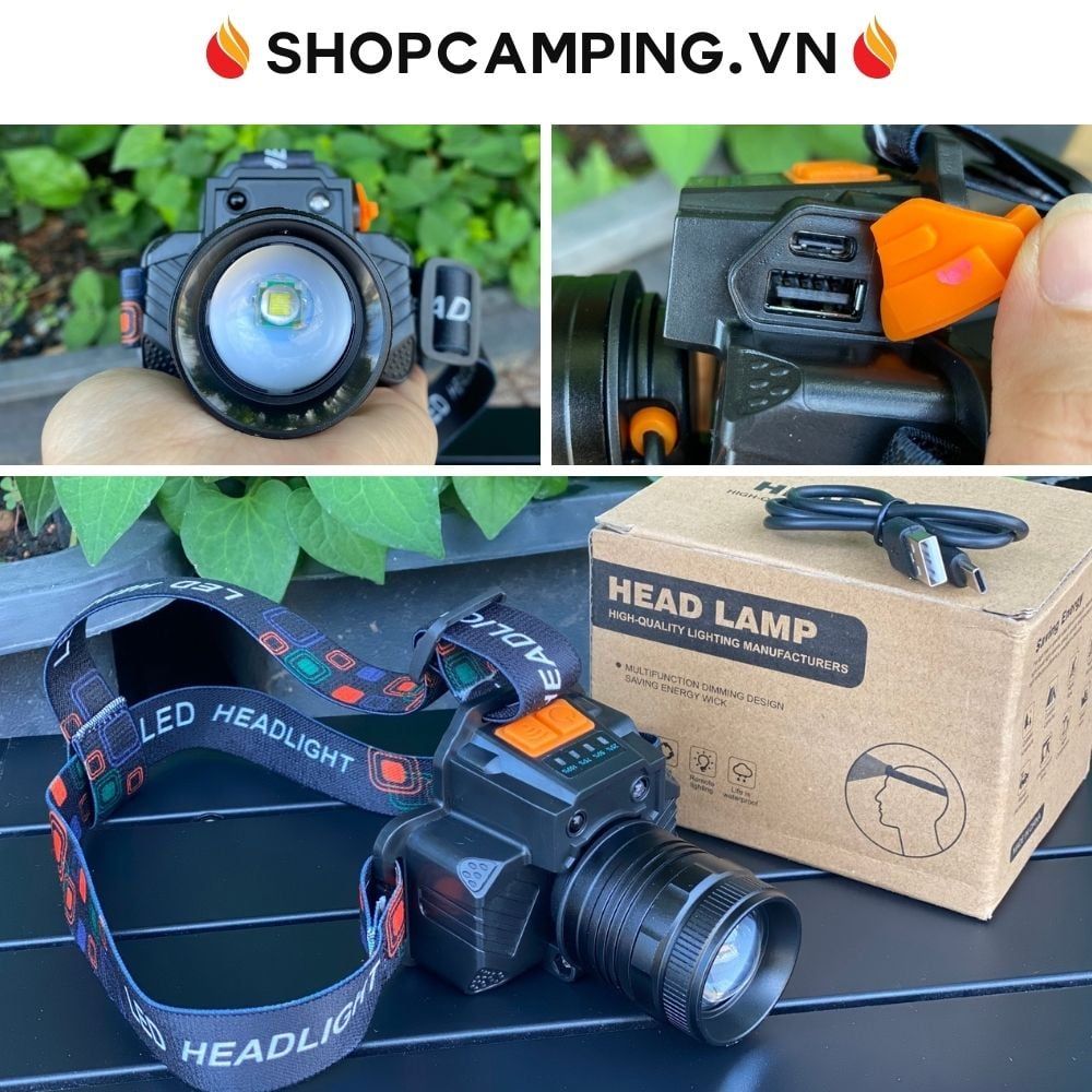 Đèn pin đội đầu T50 ngoài trời chống nước có zoom, đèn đội đầu siêu sáng hợp kim nhôm