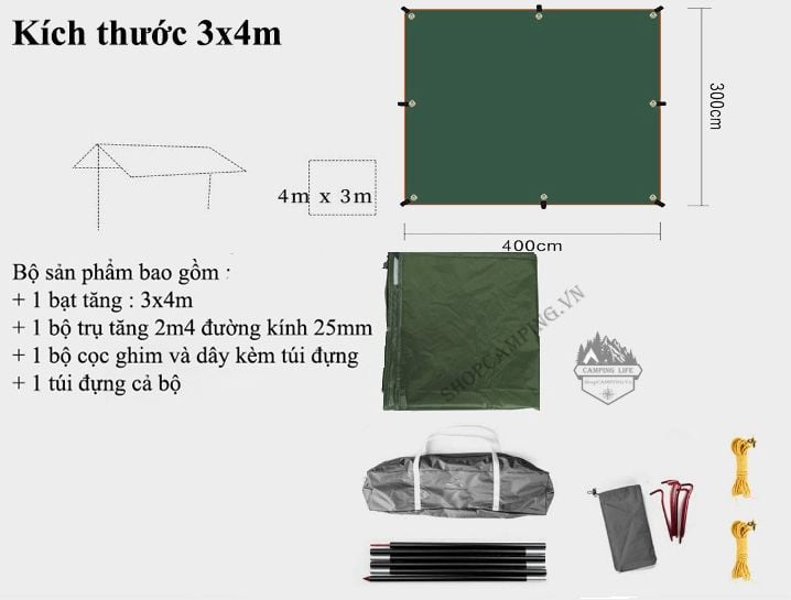 Bộ tấm tăng Top Lander 3x4m và 3x5m,tấm tăng bạt che nắng, mưa, bộ tăng trụ dã ngoại, cắm trại