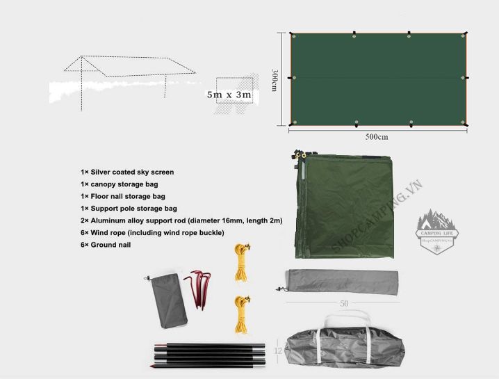 Bộ tăng /tarp bạt che xanh lá, Xanh dương kèm trụ sắt 3x3m/3x4m/3x5m dành cho cắm trại dã ngoại