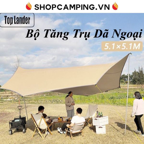  Bộ tăng /tarp bạt che Top Lander kèm trụ sắt 5m1*5m1*cao 2,4m 