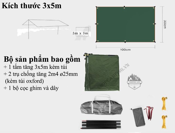 Bộ tấm tăng Top Lander 3x4m và 3x5m,tấm tăng bạt che nắng, mưa, bộ tăng trụ dã ngoại, cắm trại