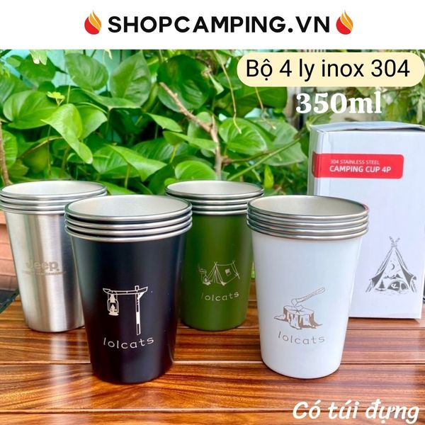  Bộ 4 ly inox 304 cao cấp 350ml có túi đựng, set ly cốc uống nước xếp gọn đi du lịch, cắm trại dã ngoại 