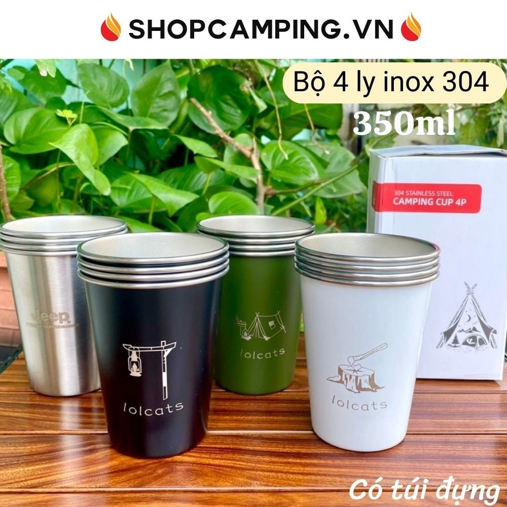 Bộ 4 ly inox 304 cao cấp 350ml có túi đựng, set ly cốc uống nước xếp gọn đi du lịch, cắm trại dã ngoại